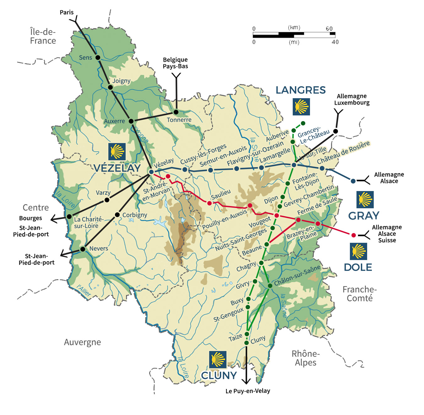 Carte des chemins en Bourgogne